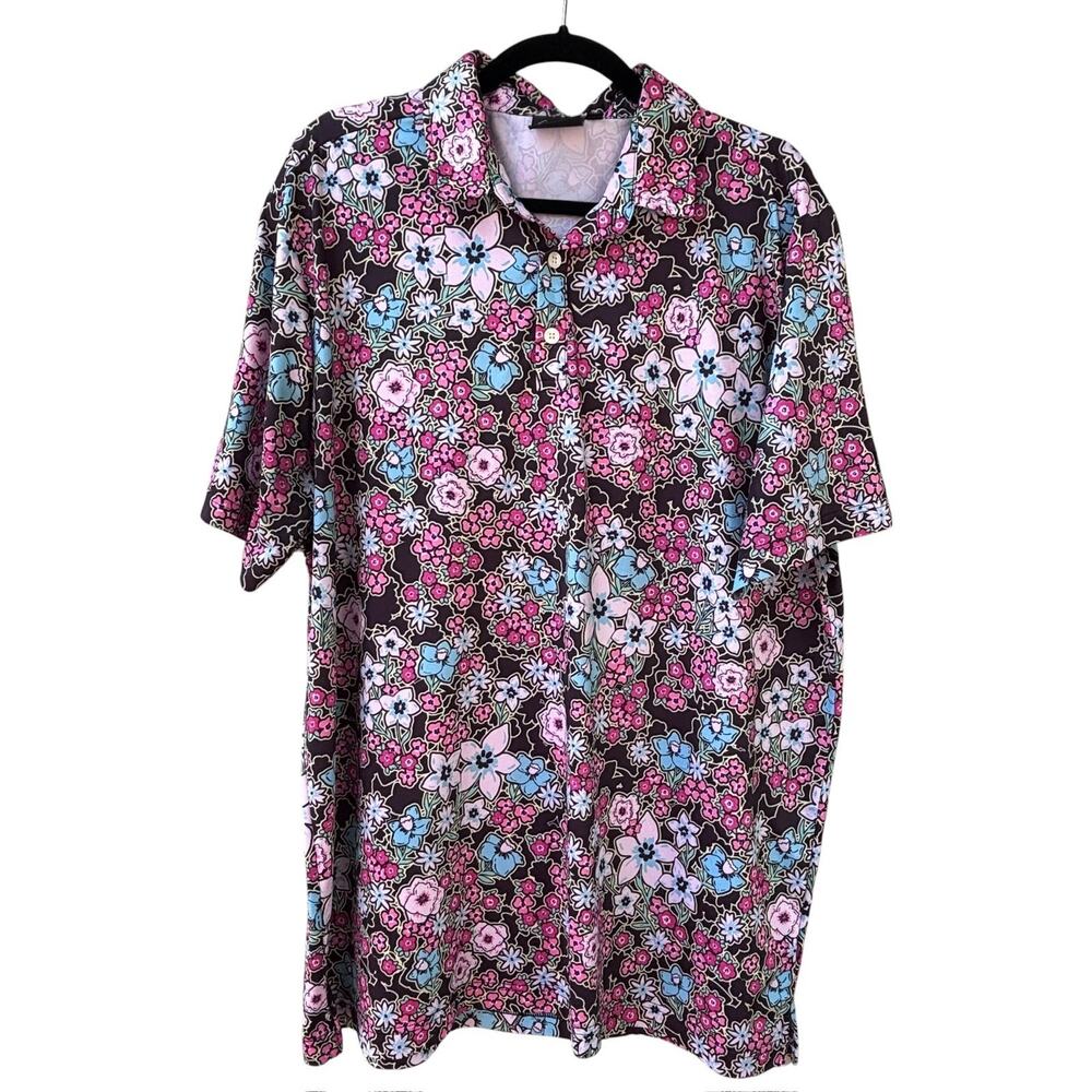 Sunday Swagger Golf Shirt Mens Floral Black Colorful 70s Retro Collared XL